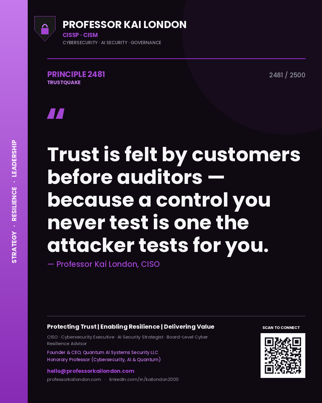 Quote card by Professor Kai London reading 'Trust is felt by customers before auditors — because a control you never test is one the attacker tests for you.'. From the book Trustquake.