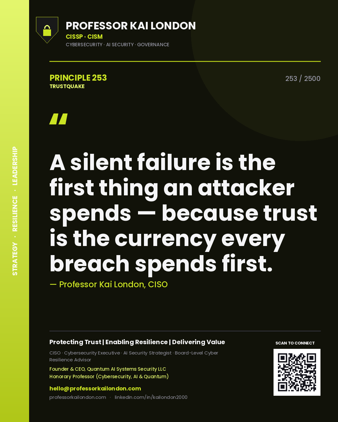 Quote card by Professor Kai London reading 'A silent failure is the first thing an attacker spends — because trust is the currency every breach spends first.'. From the book Trustquake.