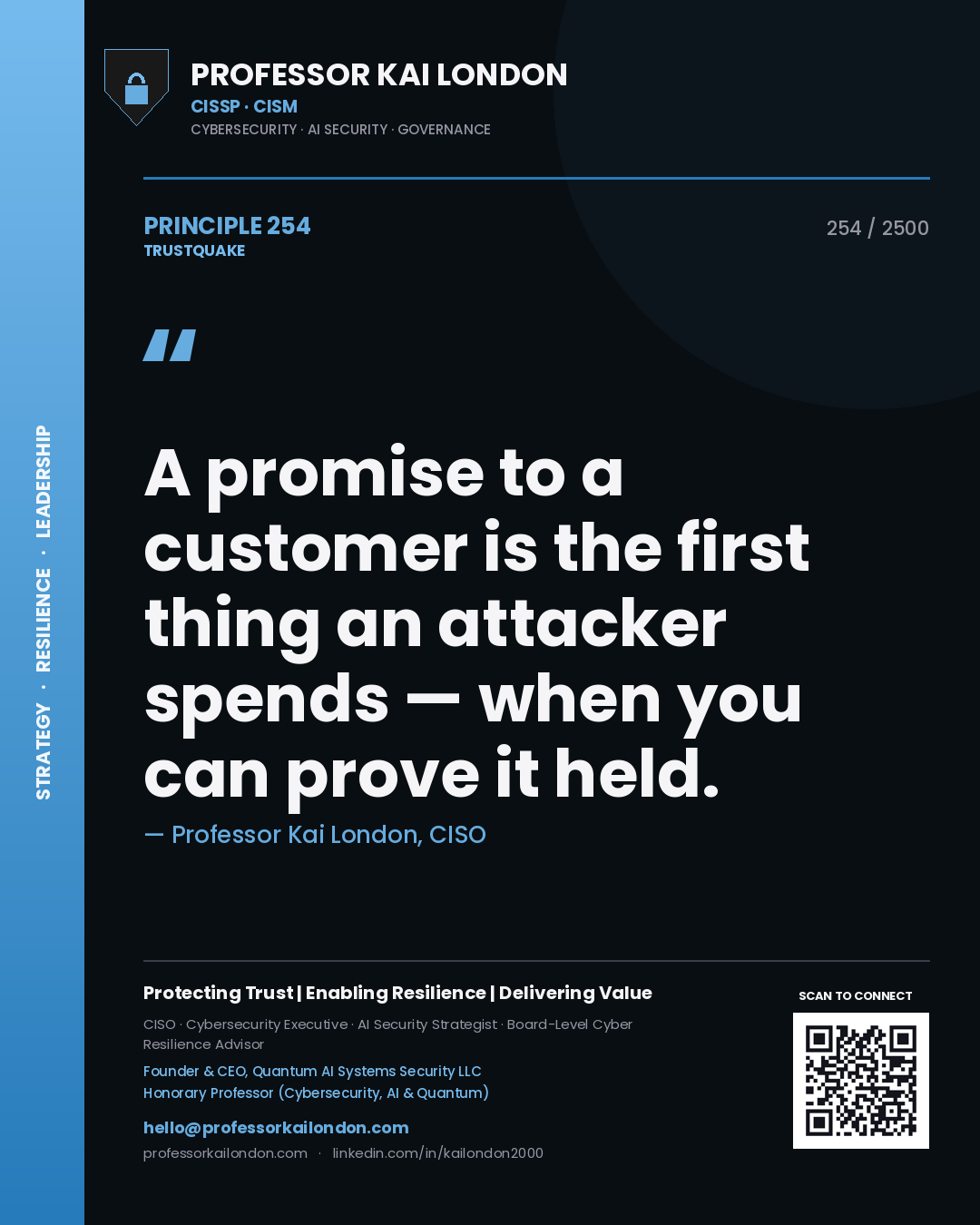 Quote card by Professor Kai London reading 'A promise to a customer is the first thing an attacker spends — when you can prove it held.'. From the book Trustquake.