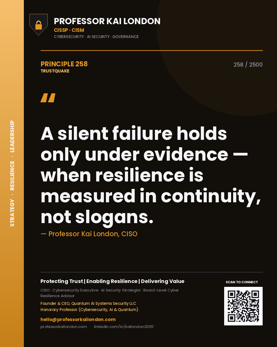 Professor Kai London principle 258: A silent failure holds only under evidence — when resilience is measured in continuity, not slogans.