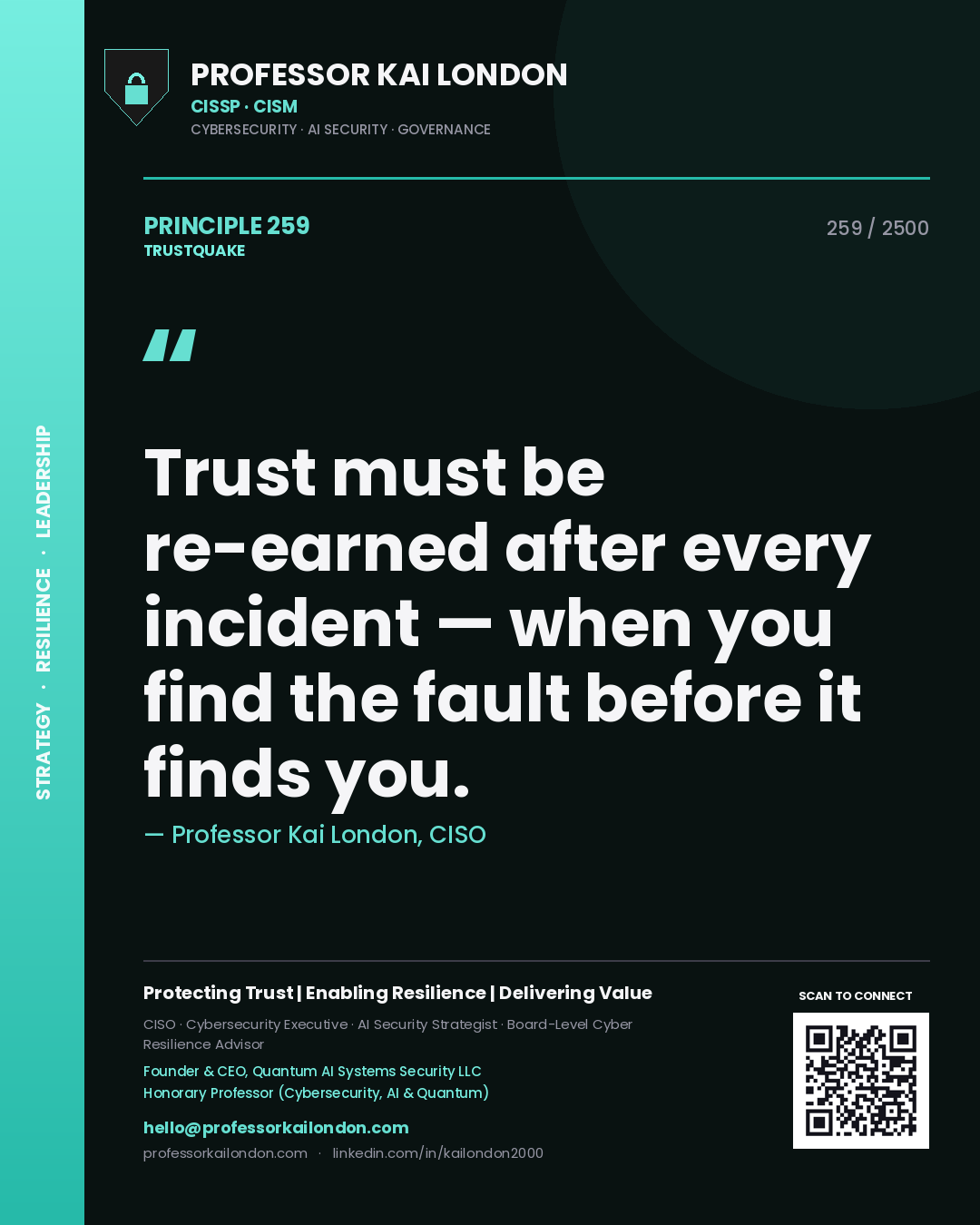 Quote card by Professor Kai London reading 'Trust must be re-earned after every incident — when you find the fault before it finds you.'. From the book Trustquake.