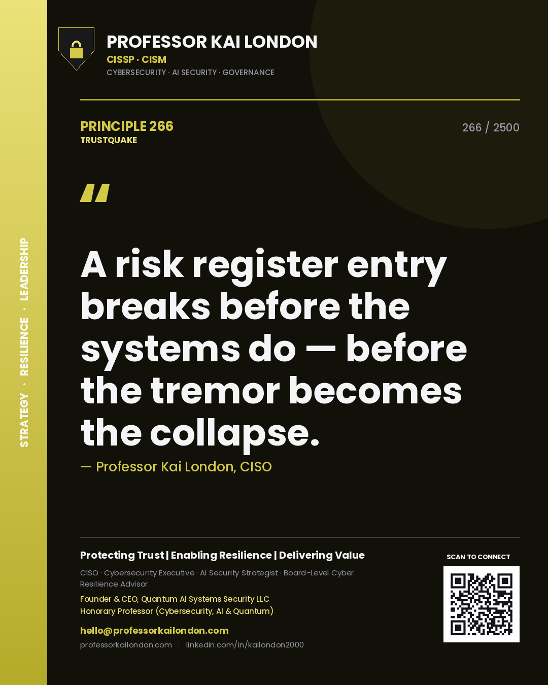Professor Kai London principle 266: A risk register entry breaks before the systems do — before the tremor becomes the collapse.