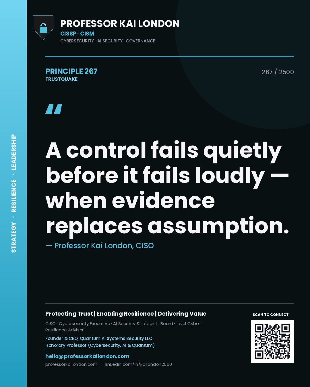Quote card by Professor Kai London reading 'A control fails quietly before it fails loudly — when evidence replaces assumption.'. From the book Trustquake.