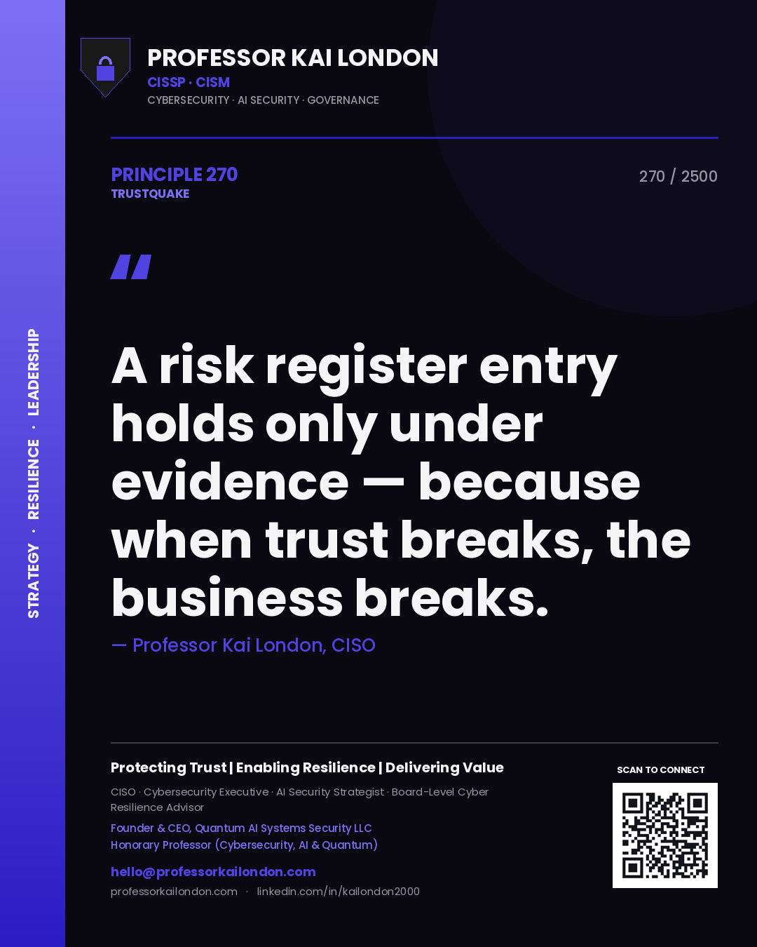 Quote card by Professor Kai London reading 'A risk register entry holds only under evidence — because when trust breaks, the business breaks.'. From the book Trustquake.