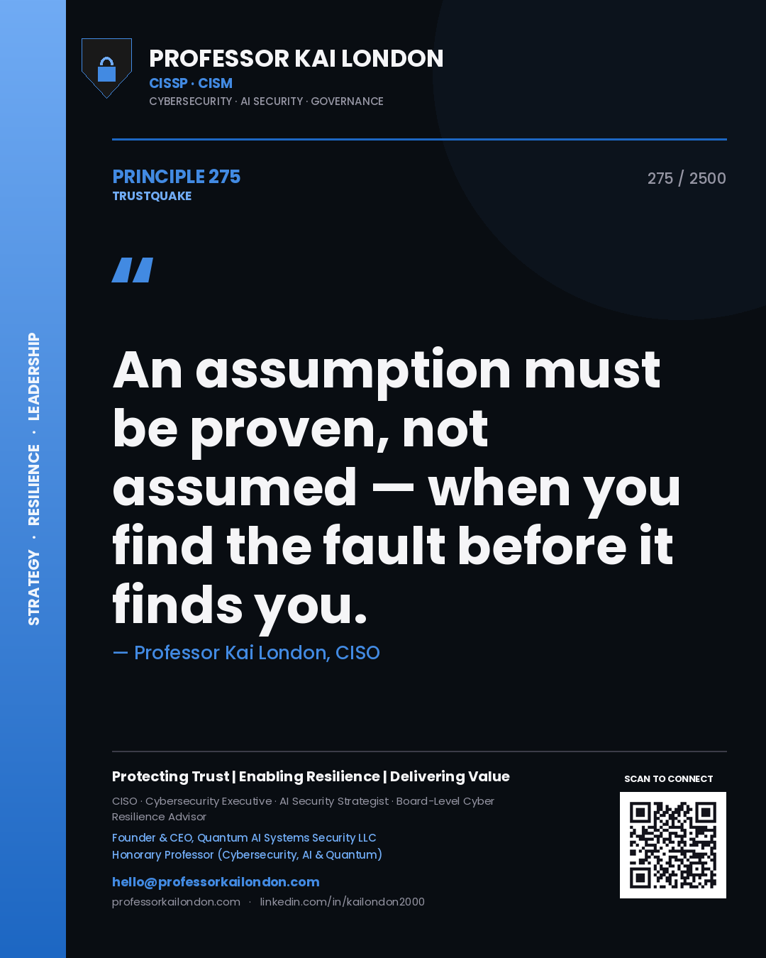 Quote card by Professor Kai London reading 'An assumption must be proven, not assumed — when you find the fault before it finds you.'. From the book Trustquake.