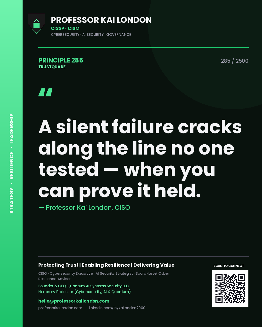 Quote card by Professor Kai London reading 'A silent failure cracks along the line no one tested — when you can prove it held.'. From the book Trustquake.