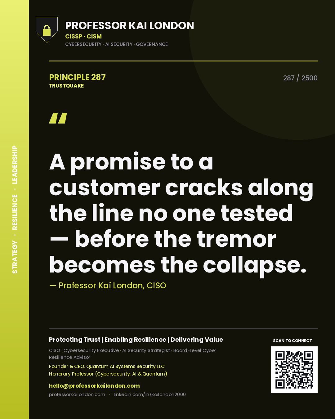 Professor Kai London principle 287: A promise to a customer cracks along the line no one tested — before the tremor becomes the collapse.