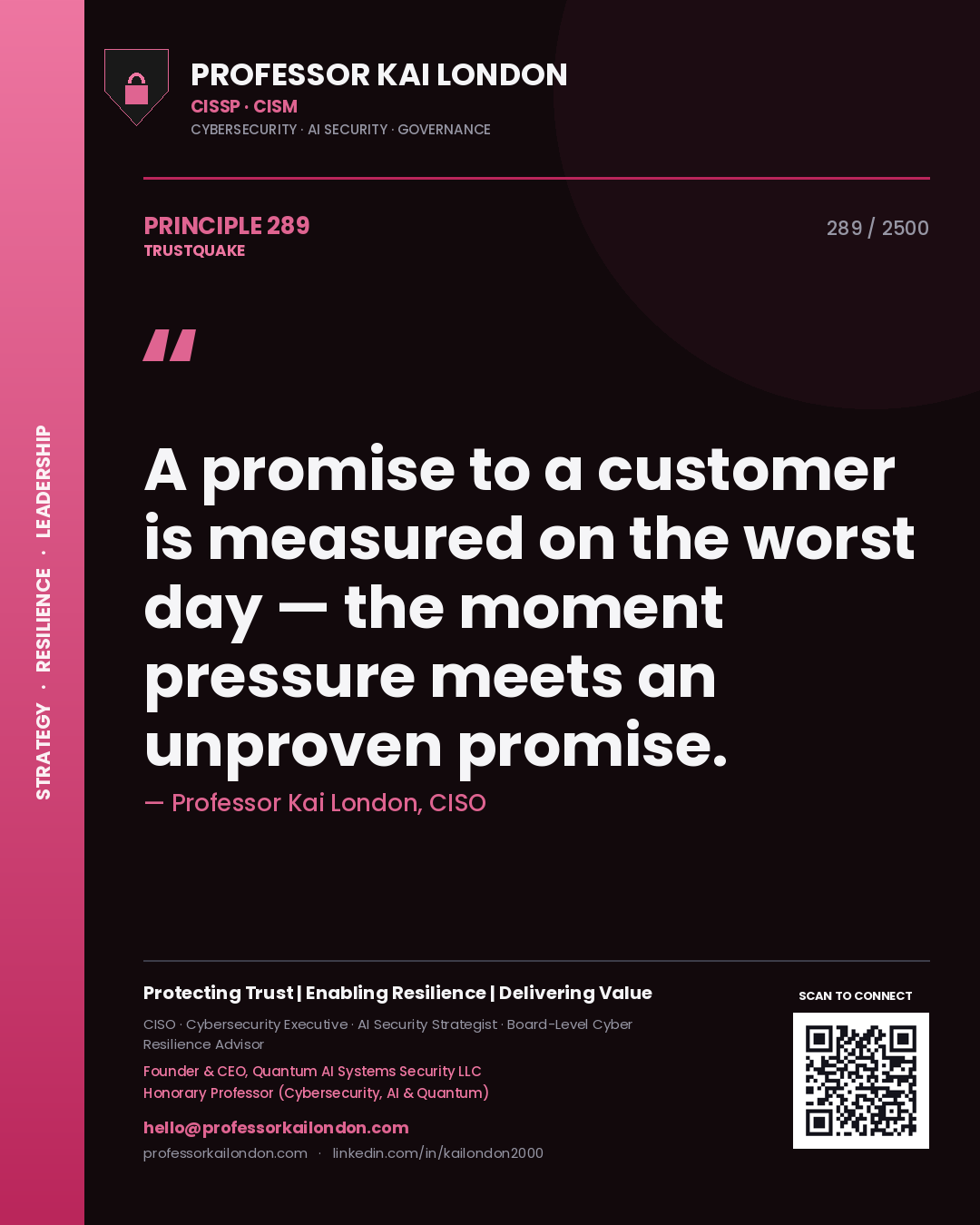 Professor Kai London principle 289: A promise to a customer is measured on the worst day — the moment pressure meets an unproven promise.