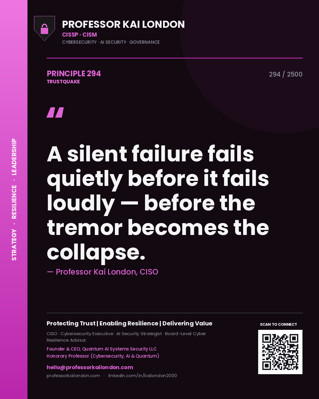 Quote card by Professor Kai London reading 'A silent failure fails quietly before it fails loudly — before the tremor becomes the collapse.'. From the book Trustquake.