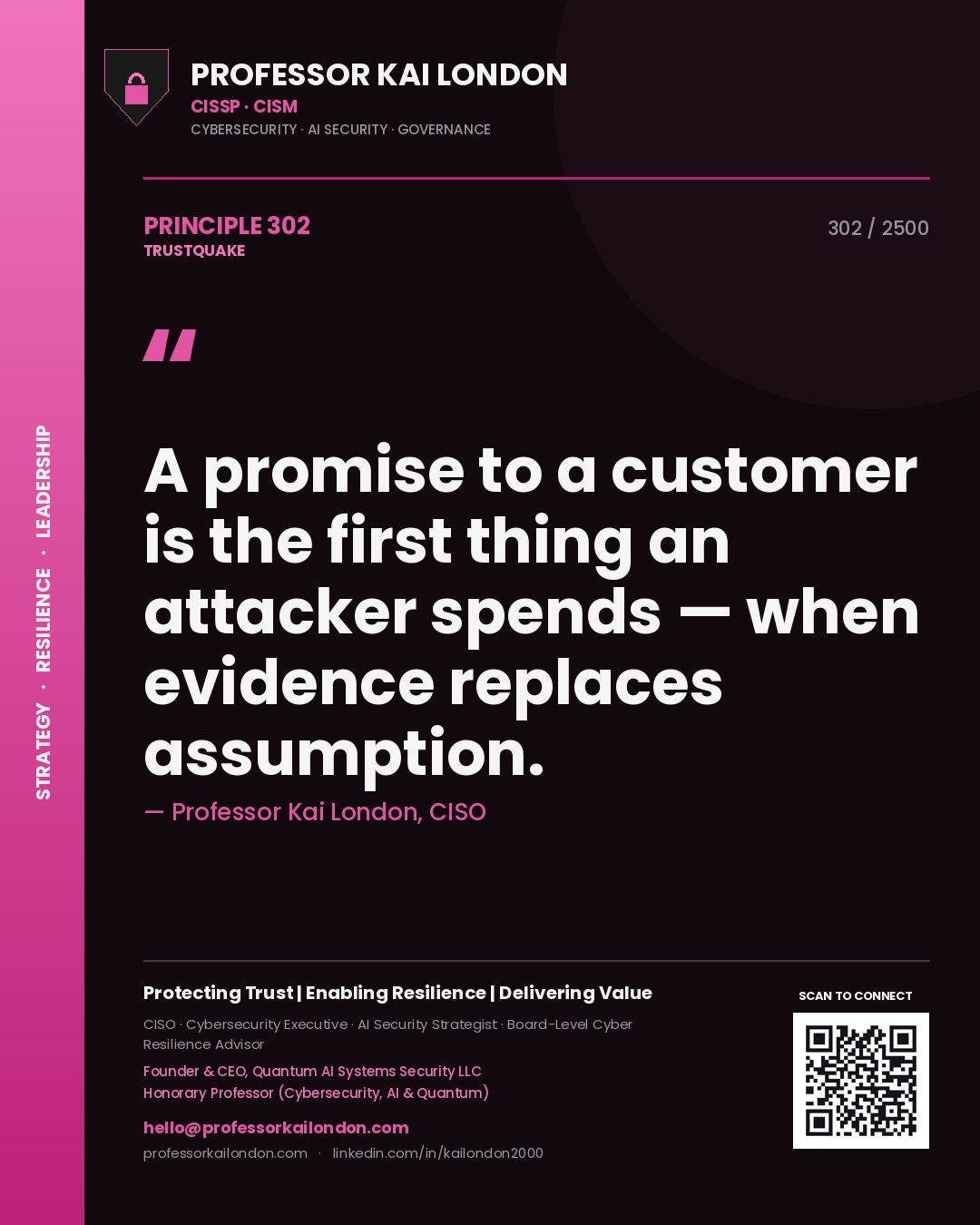 Quote card by Professor Kai London reading 'A promise to a customer is the first thing an attacker spends — when evidence replaces assumption.'. From the book Trustquake.