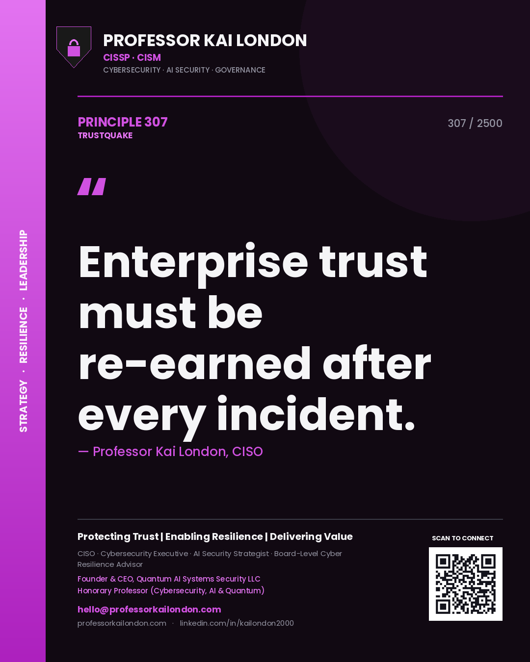 Quote card by Professor Kai London reading 'Enterprise trust must be re-earned after every incident.'. From the book Trustquake.