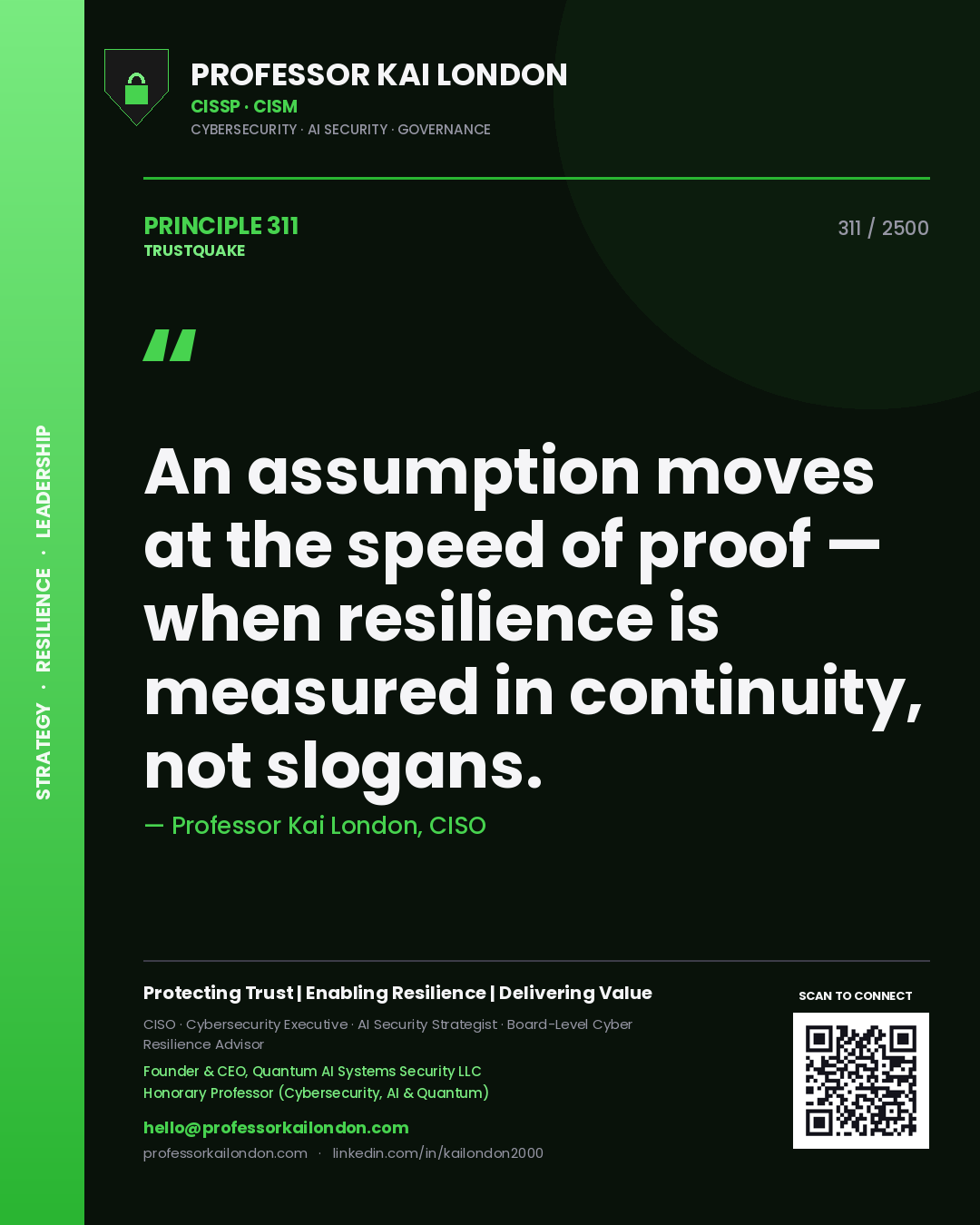 Professor Kai London principle 311: An assumption moves at the speed of proof — when resilience is measured in continuity, not slogans.