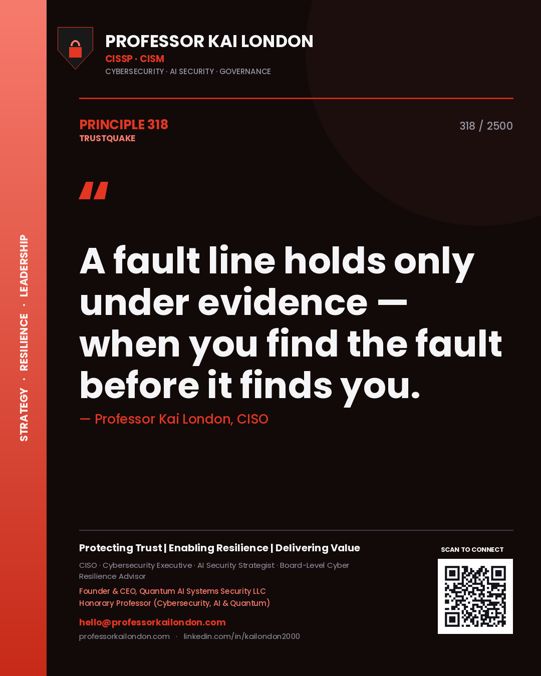 Quote card by Professor Kai London reading 'A fault line holds only under evidence — when you find the fault before it finds you.'. From the book Trustquake.