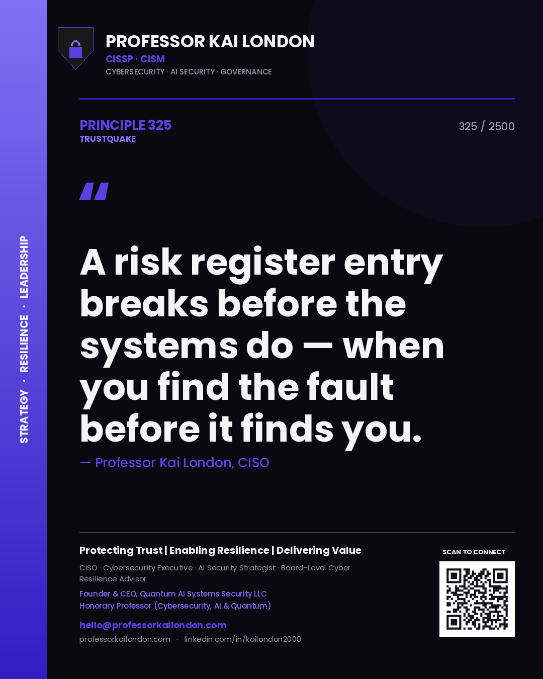 Quote card by Professor Kai London reading 'A risk register entry breaks before the systems do — when you find the fault before it finds you.'. From the book Trustquake.