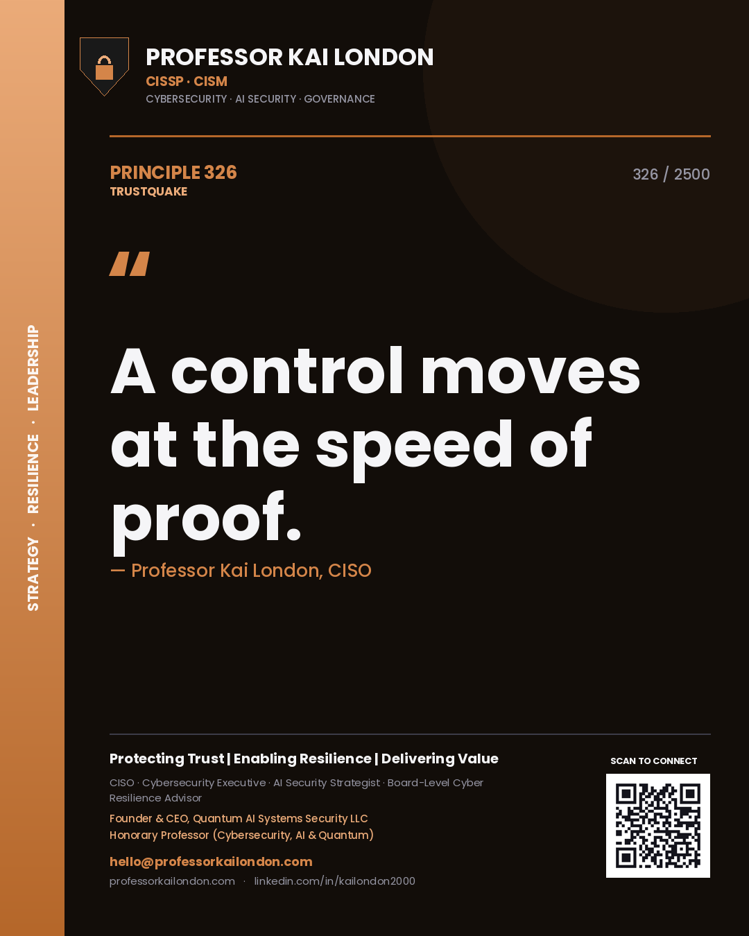 Quote card by Professor Kai London reading 'A control moves at the speed of proof.'. From the book Trustquake.