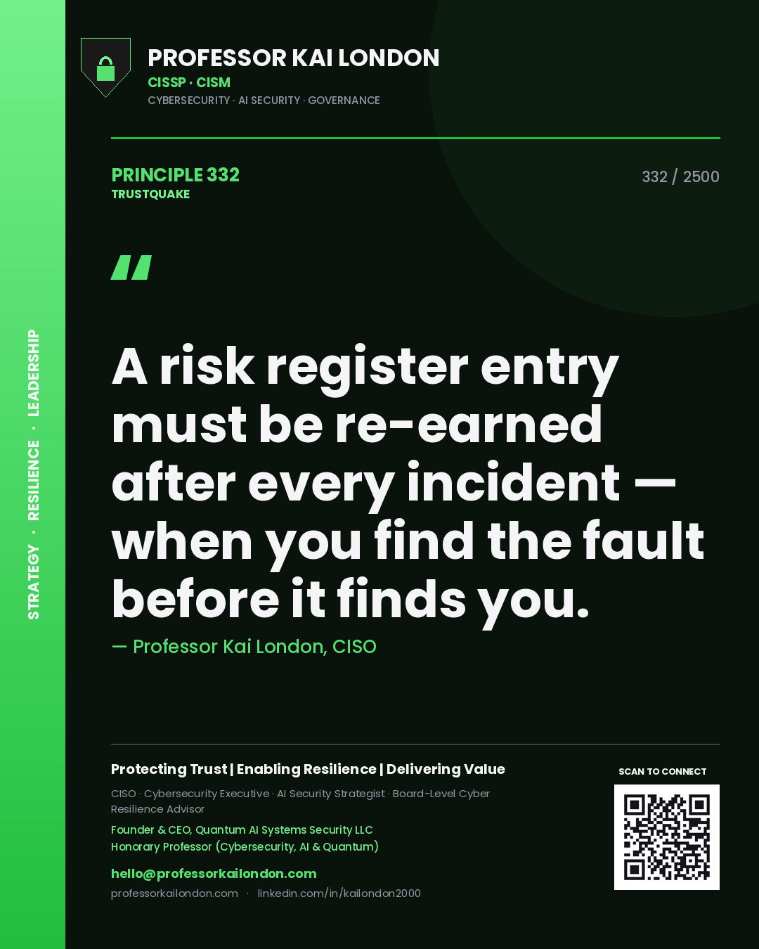 Professor Kai London principle 332: A risk register entry must be re-earned after every incident — when you find the fault before it finds you.