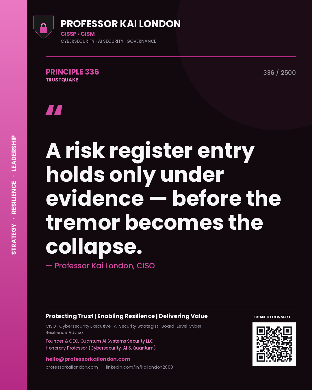 Professor Kai London principle 336: A risk register entry holds only under evidence — before the tremor becomes the collapse.