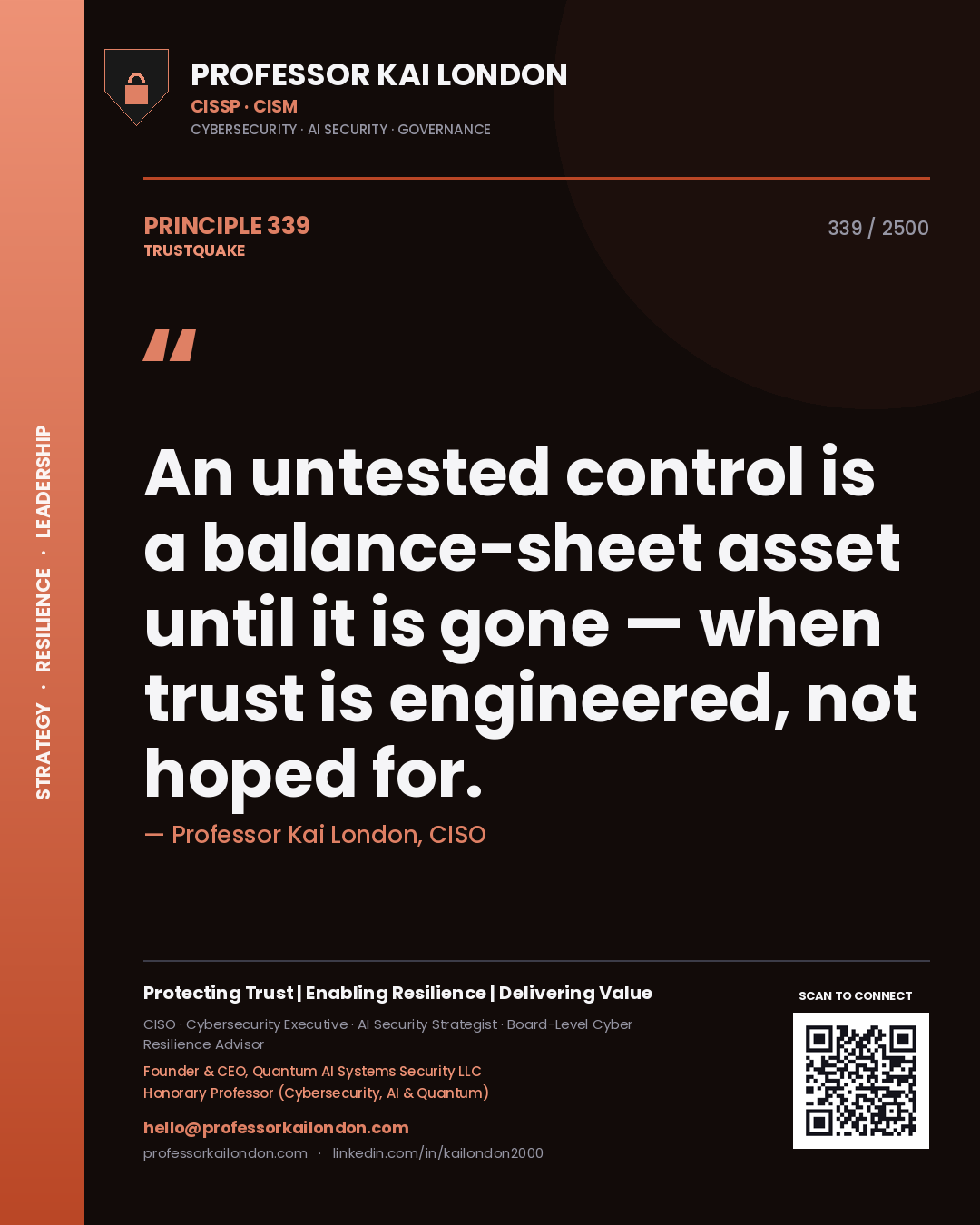 Quote card by Professor Kai London reading 'An untested control is a balance-sheet asset until it is gone — when trust is engineered, not hoped for.'. From the book Trustquake.