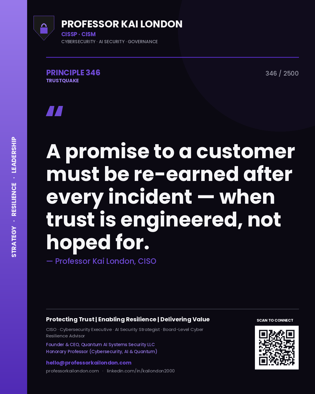 Quote card by Professor Kai London reading 'A promise to a customer must be re-earned after every incident — when trust is engineered, not hoped for.'. From the book Trustquake.