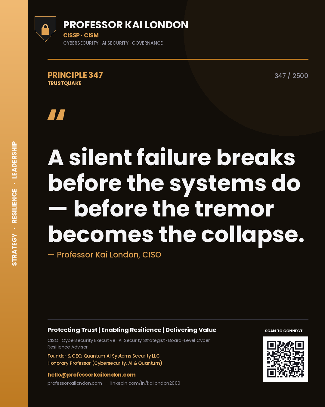 Quote card by Professor Kai London reading 'A silent failure breaks before the systems do — before the tremor becomes the collapse.'. From the book Trustquake.