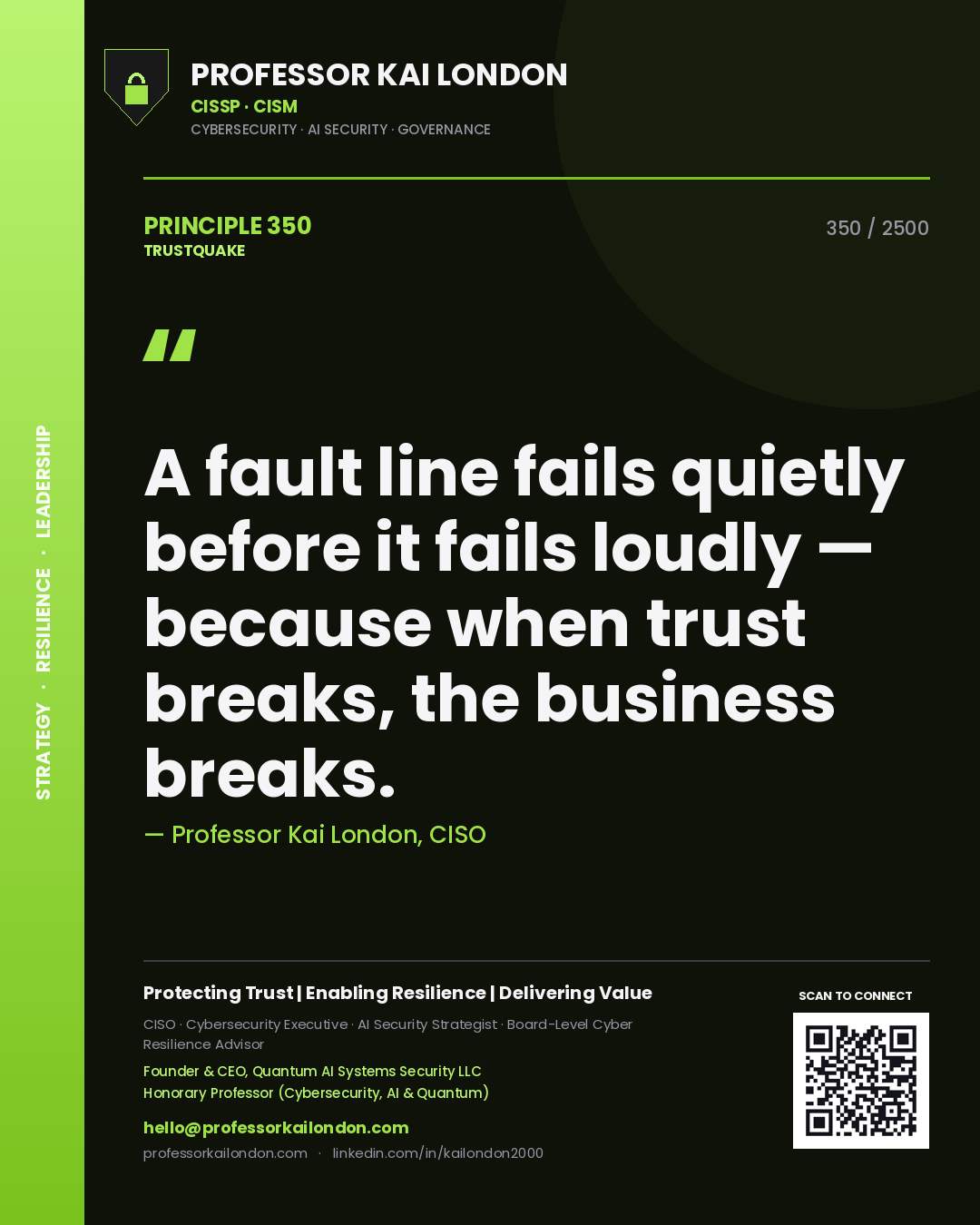 Quote card by Professor Kai London reading 'A fault line fails quietly before it fails loudly — because when trust breaks, the business breaks.'. From the book Trustquake.