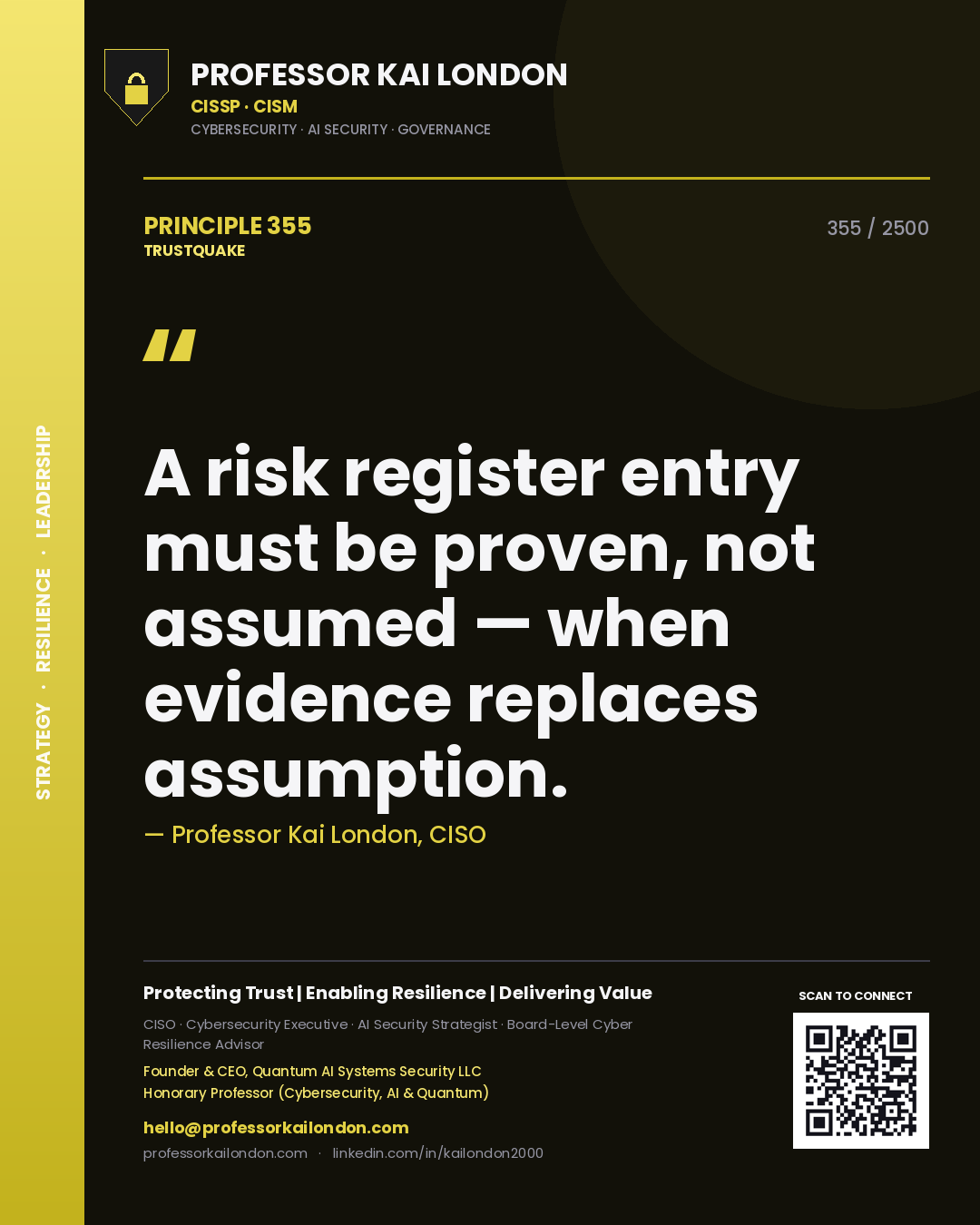 Quote card by Professor Kai London reading 'A risk register entry must be proven, not assumed — when evidence replaces assumption.'. From the book Trustquake.
