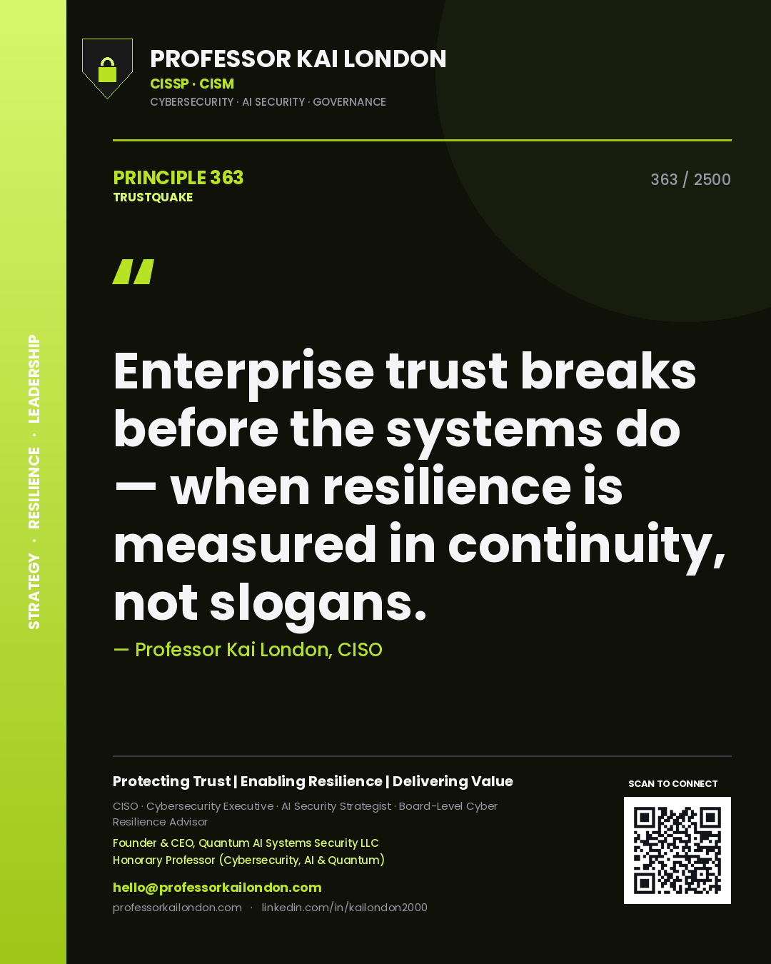 Quote card by Professor Kai London reading 'Enterprise trust breaks before the systems do — when resilience is measured in continuity, not slogans.'. From the book Trustquake.