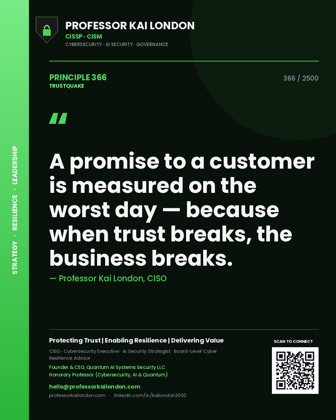 Quote card by Professor Kai London reading 'A promise to a customer is measured on the worst day — because when trust breaks, the business breaks.'. From the book Trustquake.