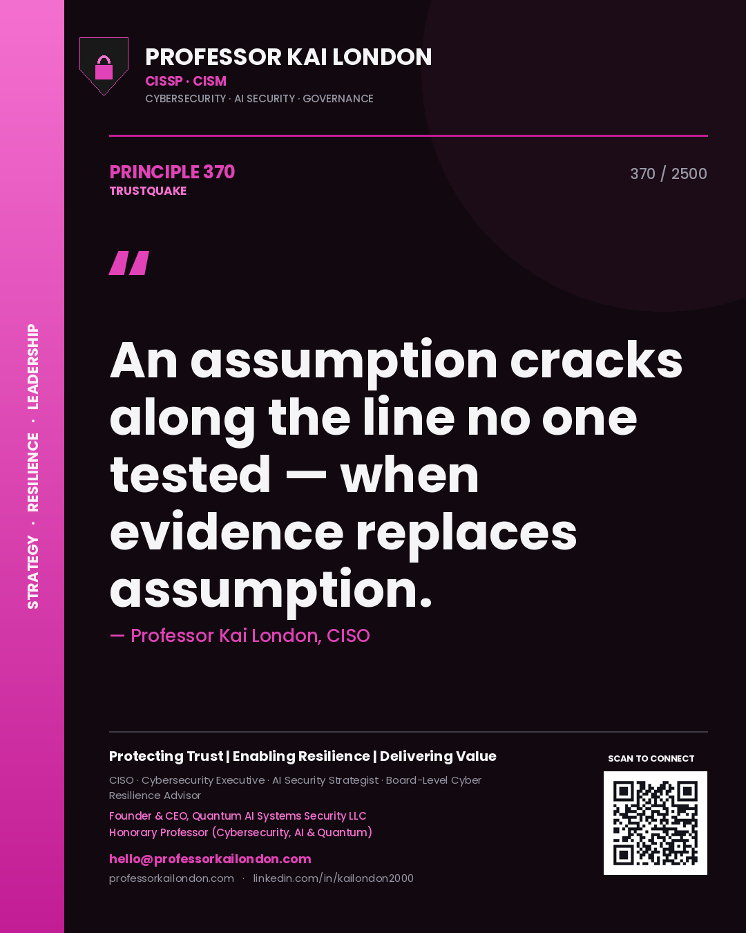 Quote card by Professor Kai London reading 'An assumption cracks along the line no one tested — when evidence replaces assumption.'. From the book Trustquake.