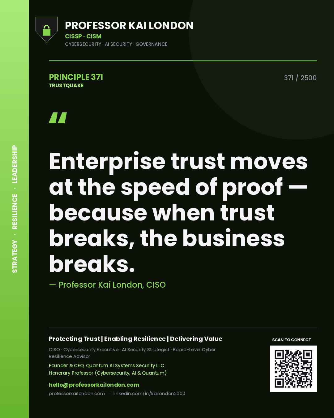 Professor Kai London principle 371: Enterprise trust moves at the speed of proof — because when trust breaks, the business breaks.