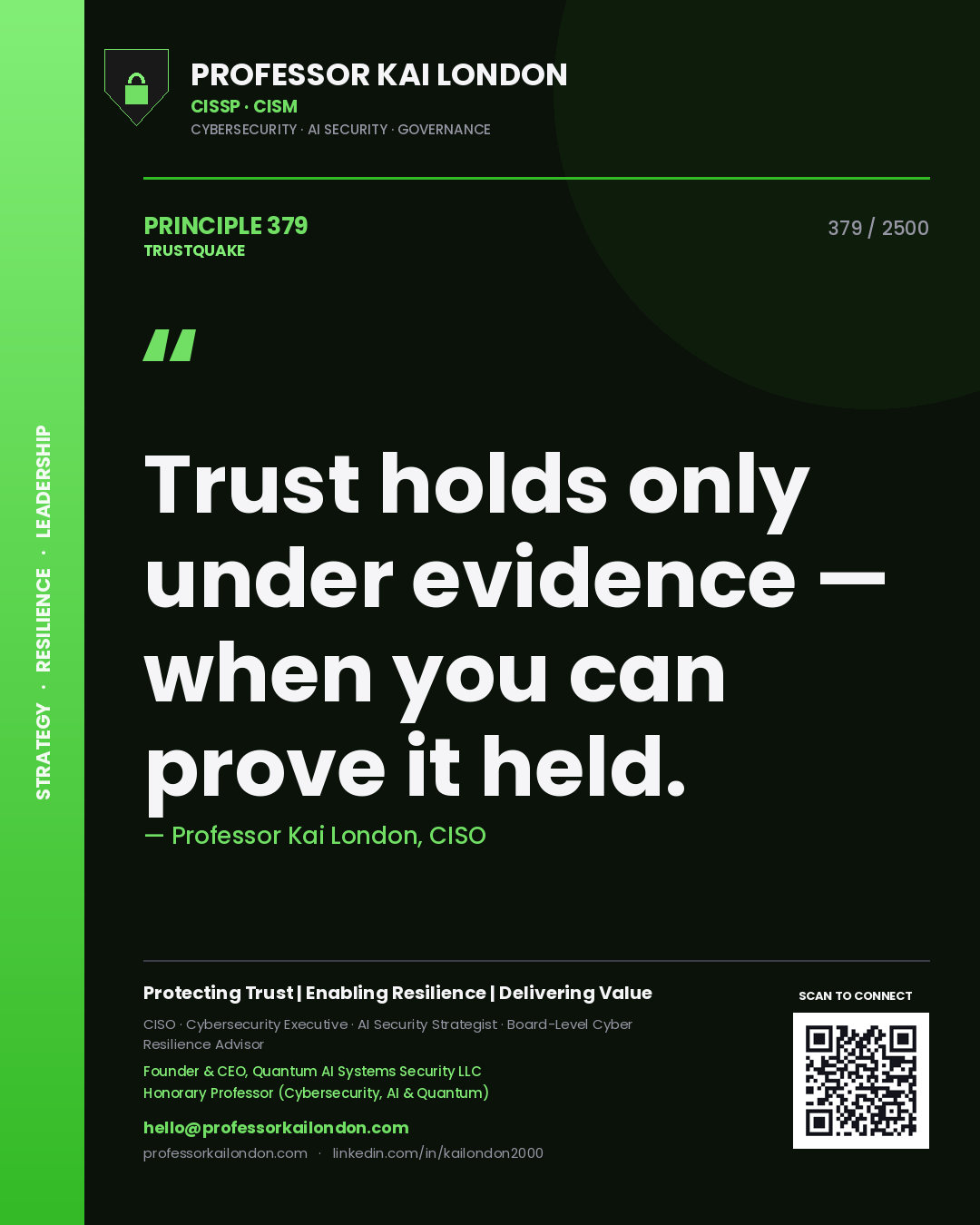 Quote card by Professor Kai London reading 'Trust holds only under evidence — when you can prove it held.'. From the book Trustquake.
