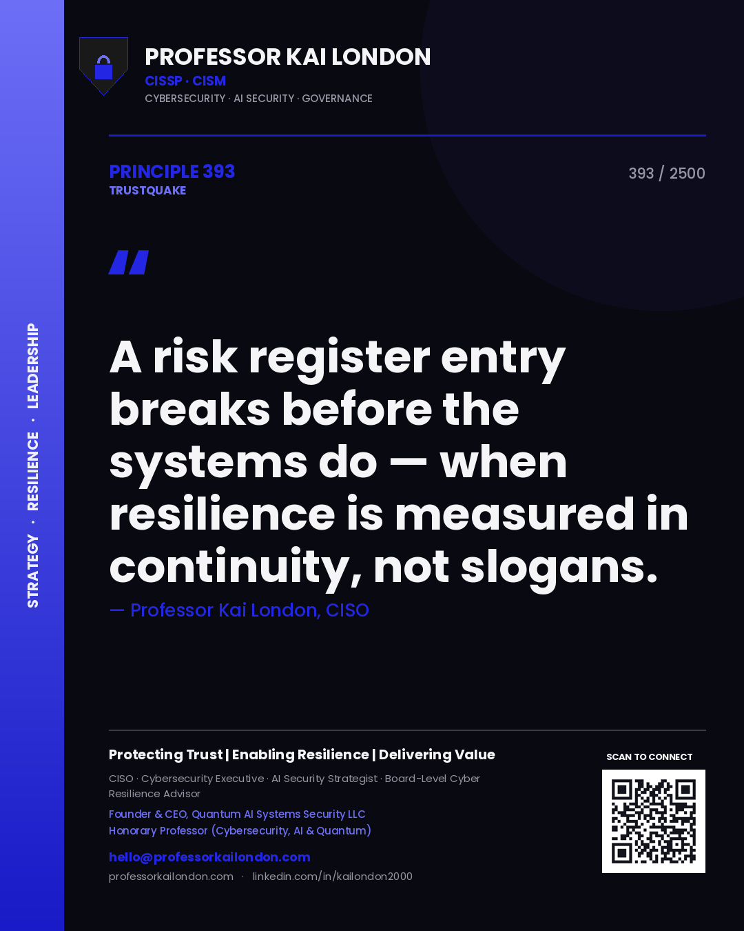 Quote card by Professor Kai London reading 'A risk register entry breaks before the systems do — when resilience is measured in continuity, not slogans.'. From the book Trustquake.