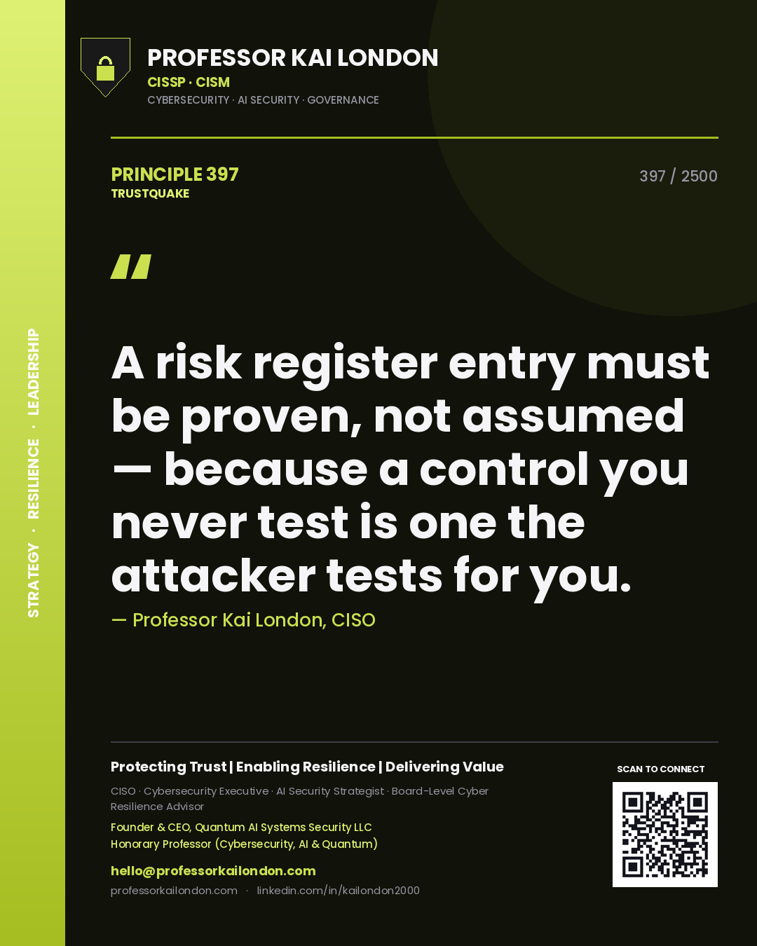 Professor Kai London principle 397: A risk register entry must be proven, not assumed — because a control you never test is one the attacker tests for you.