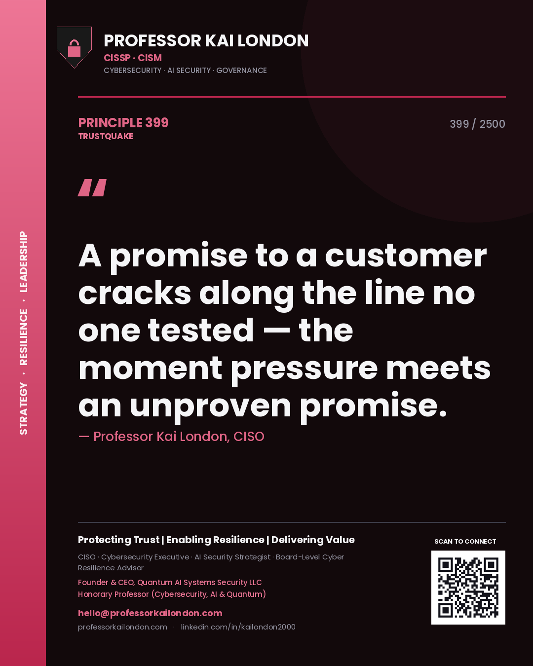 Professor Kai London principle 399: A promise to a customer cracks along the line no one tested — the moment pressure meets an unproven promise.