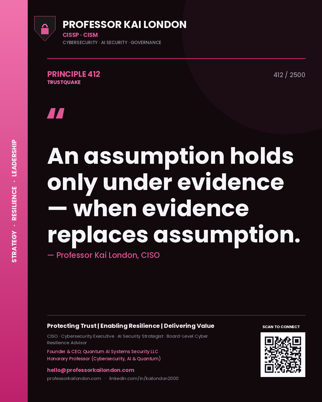 Quote card by Professor Kai London reading 'An assumption holds only under evidence — when evidence replaces assumption.'. From the book Trustquake.