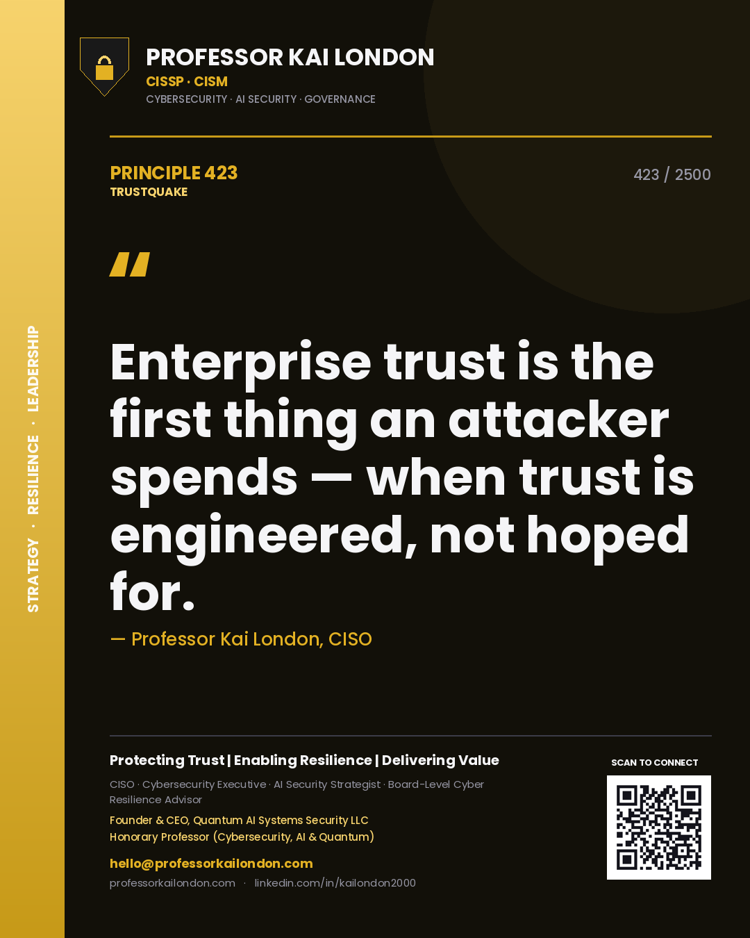 Quote card by Professor Kai London reading 'Enterprise trust is the first thing an attacker spends — when trust is engineered, not hoped for.'. From the book Trustquake.
