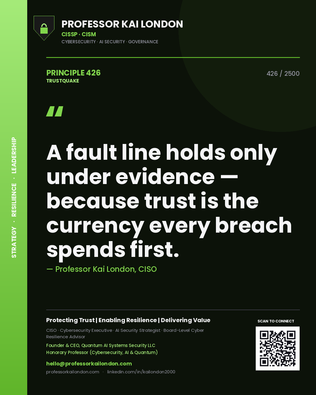 Quote card by Professor Kai London reading 'A fault line holds only under evidence — because trust is the currency every breach spends first.'. From the book Trustquake.