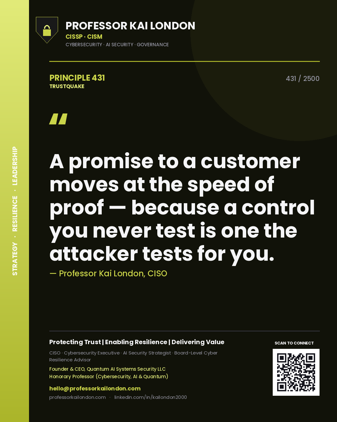 Quote card by Professor Kai London reading 'A promise to a customer moves at the speed of proof — because a control you never test is one the attacker tests for you.'. From the book Trustquake.