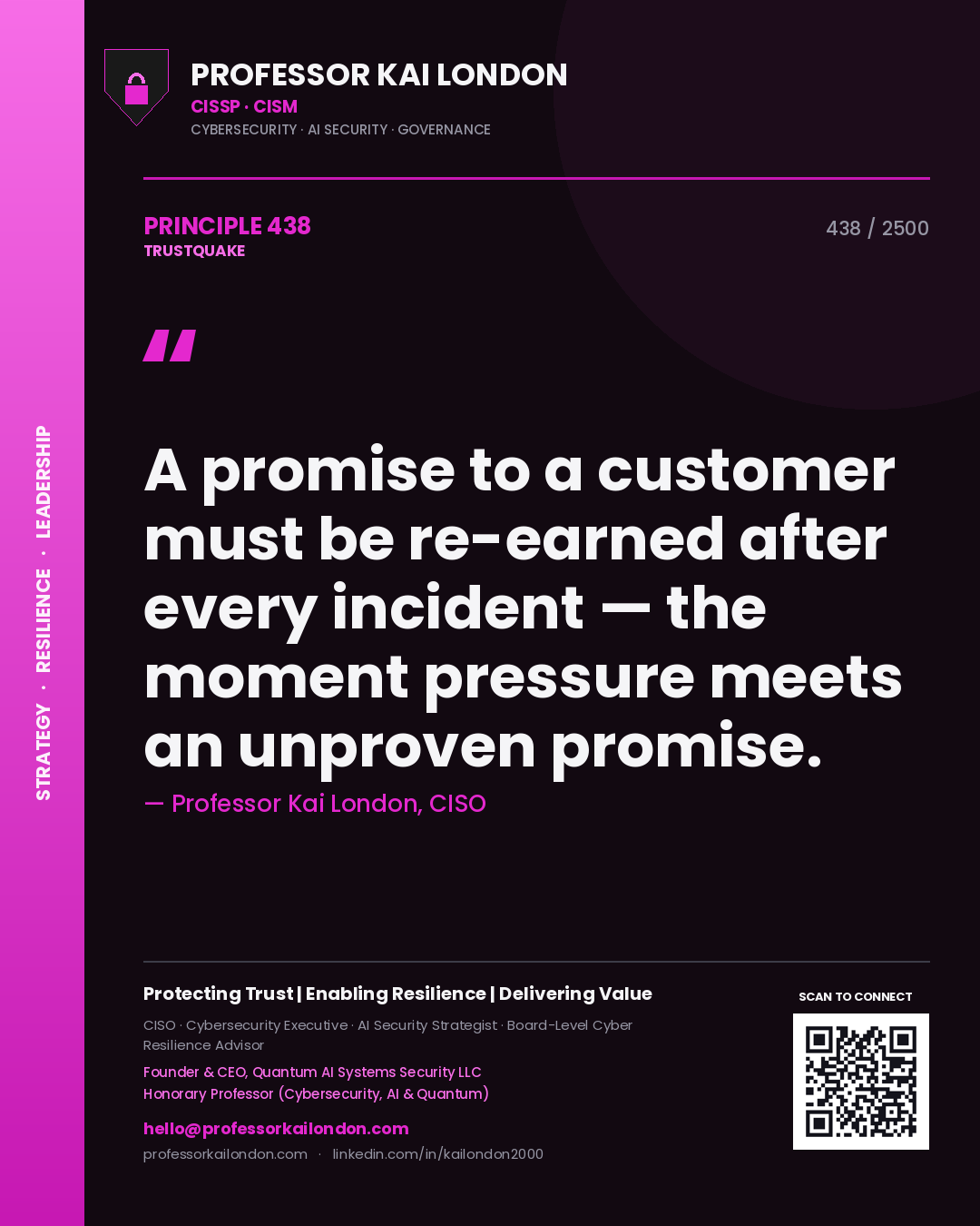 Quote card by Professor Kai London reading 'A promise to a customer must be re-earned after every incident — the moment pressure meets an unproven promise.'. From the book Trustquake.