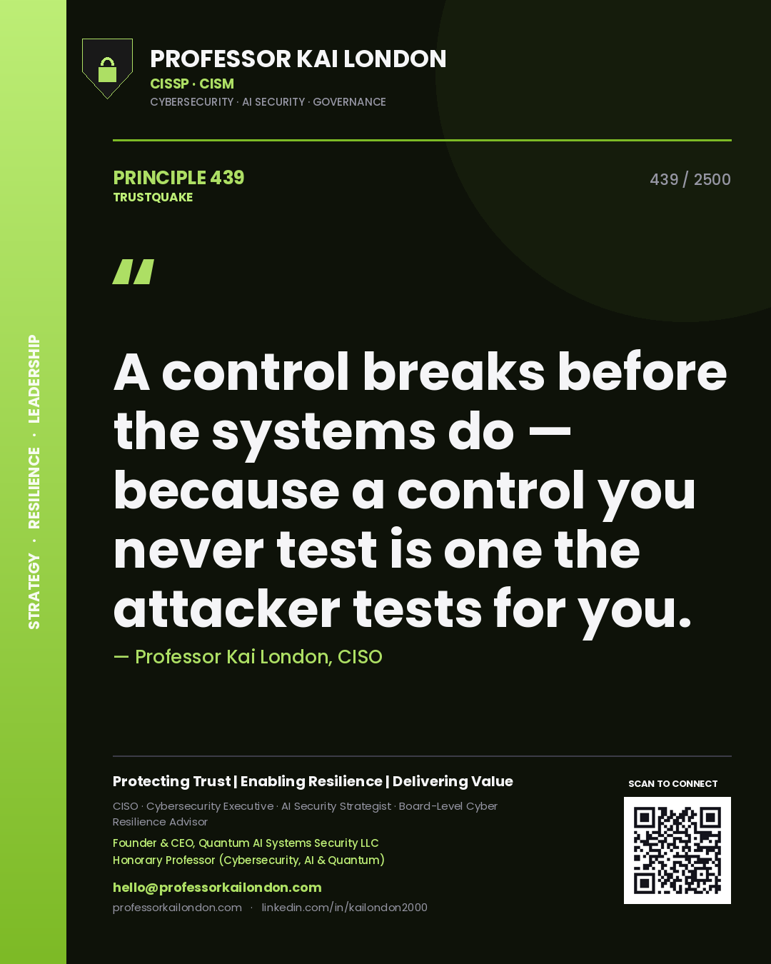 Quote card by Professor Kai London reading 'A control breaks before the systems do — because a control you never test is one the attacker tests for you.'. From the book Trustquake.