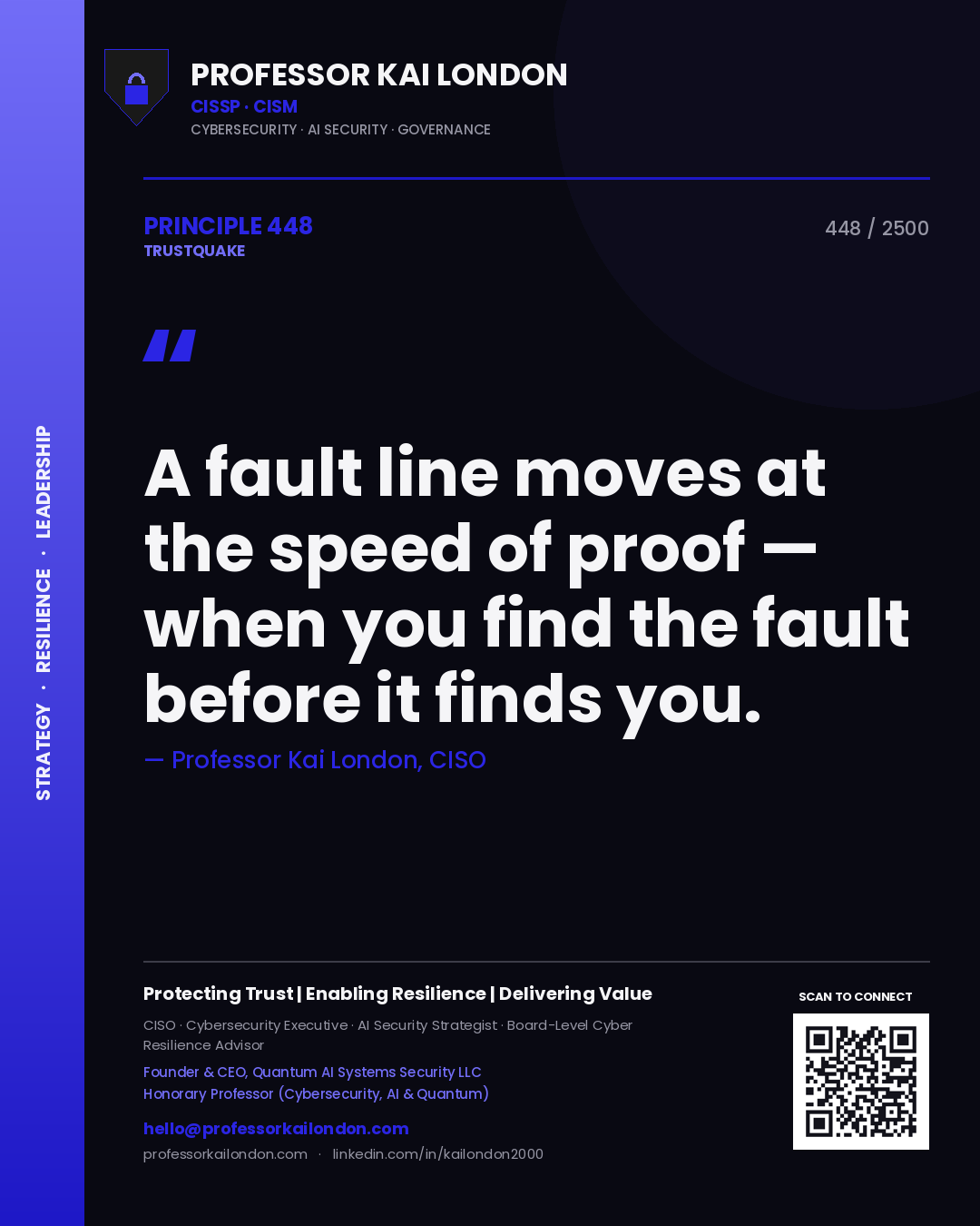 Quote card by Professor Kai London reading 'A fault line moves at the speed of proof — when you find the fault before it finds you.'. From the book Trustquake.