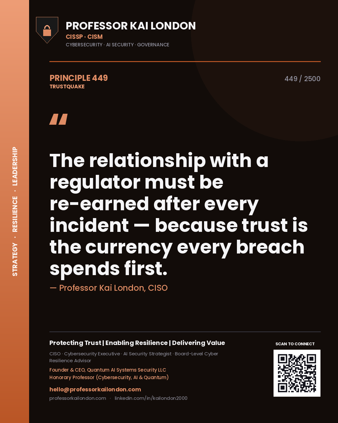 Professor Kai London principle 449: The relationship with a regulator must be re-earned after every incident — because trust is the currency every breach spends first.