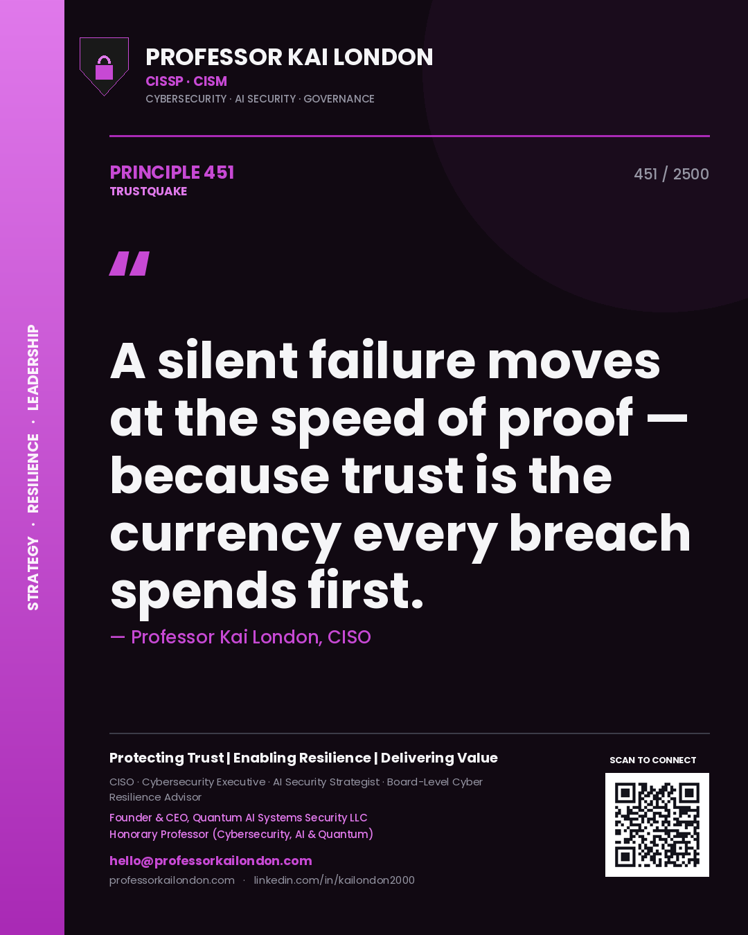 Quote card by Professor Kai London reading 'A silent failure moves at the speed of proof — because trust is the currency every breach spends first.'. From the book Trustquake.