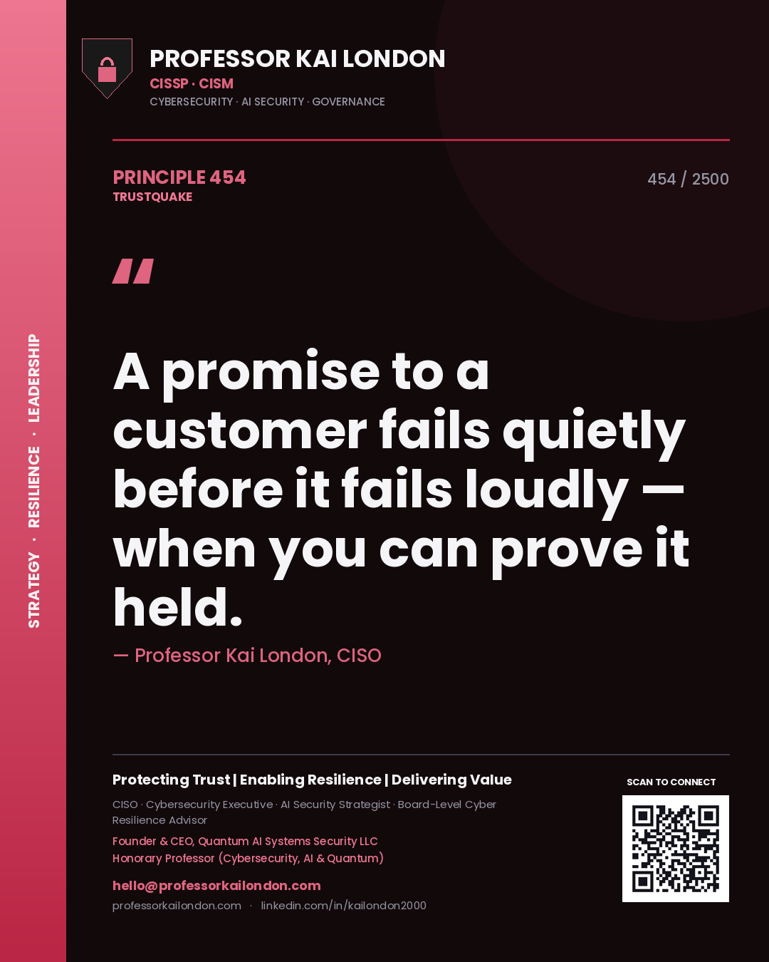 Quote card by Professor Kai London reading 'A promise to a customer fails quietly before it fails loudly — when you can prove it held.'. From the book Trustquake.