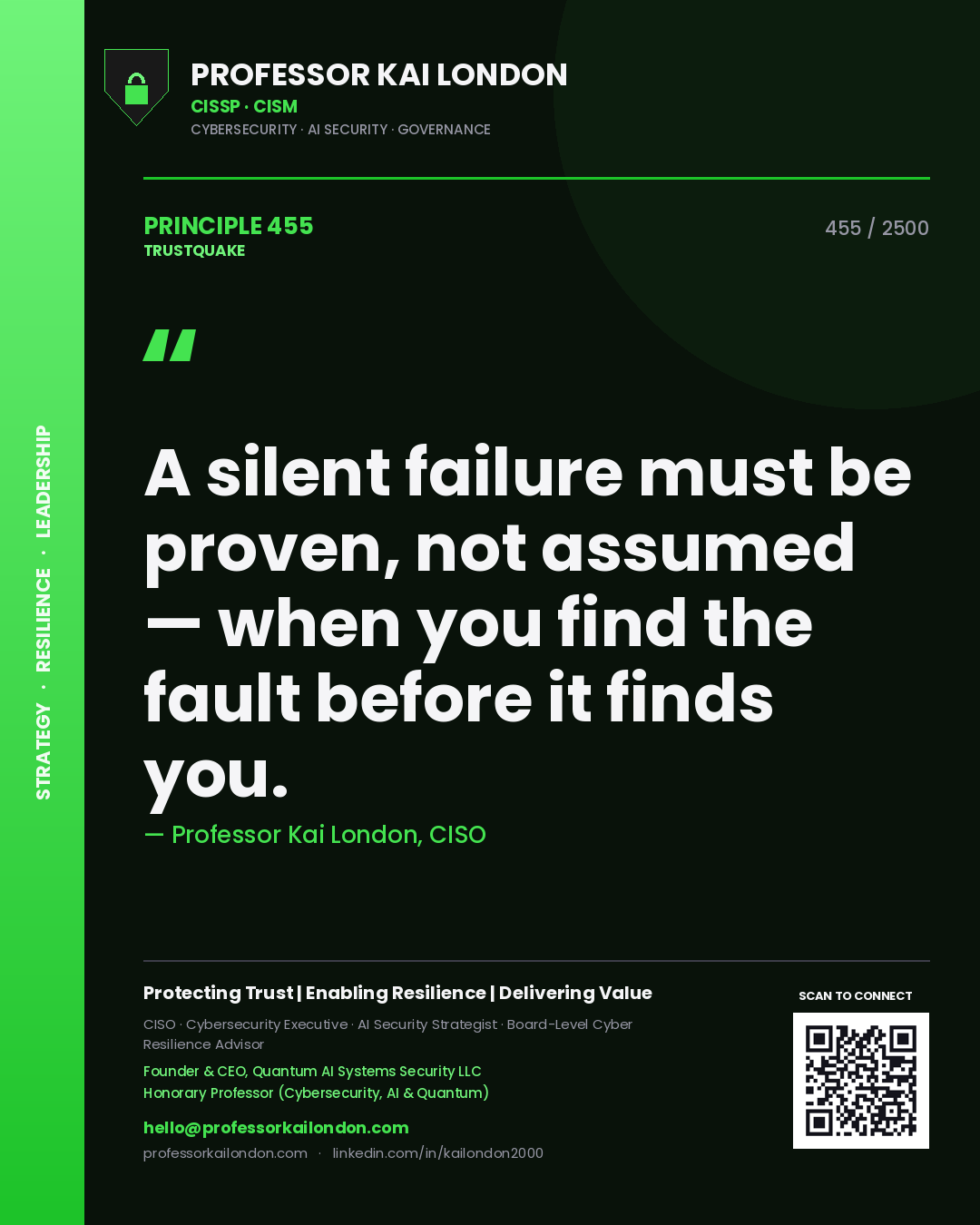 Quote card by Professor Kai London reading 'A silent failure must be proven, not assumed — when you find the fault before it finds you.'. From the book Trustquake.