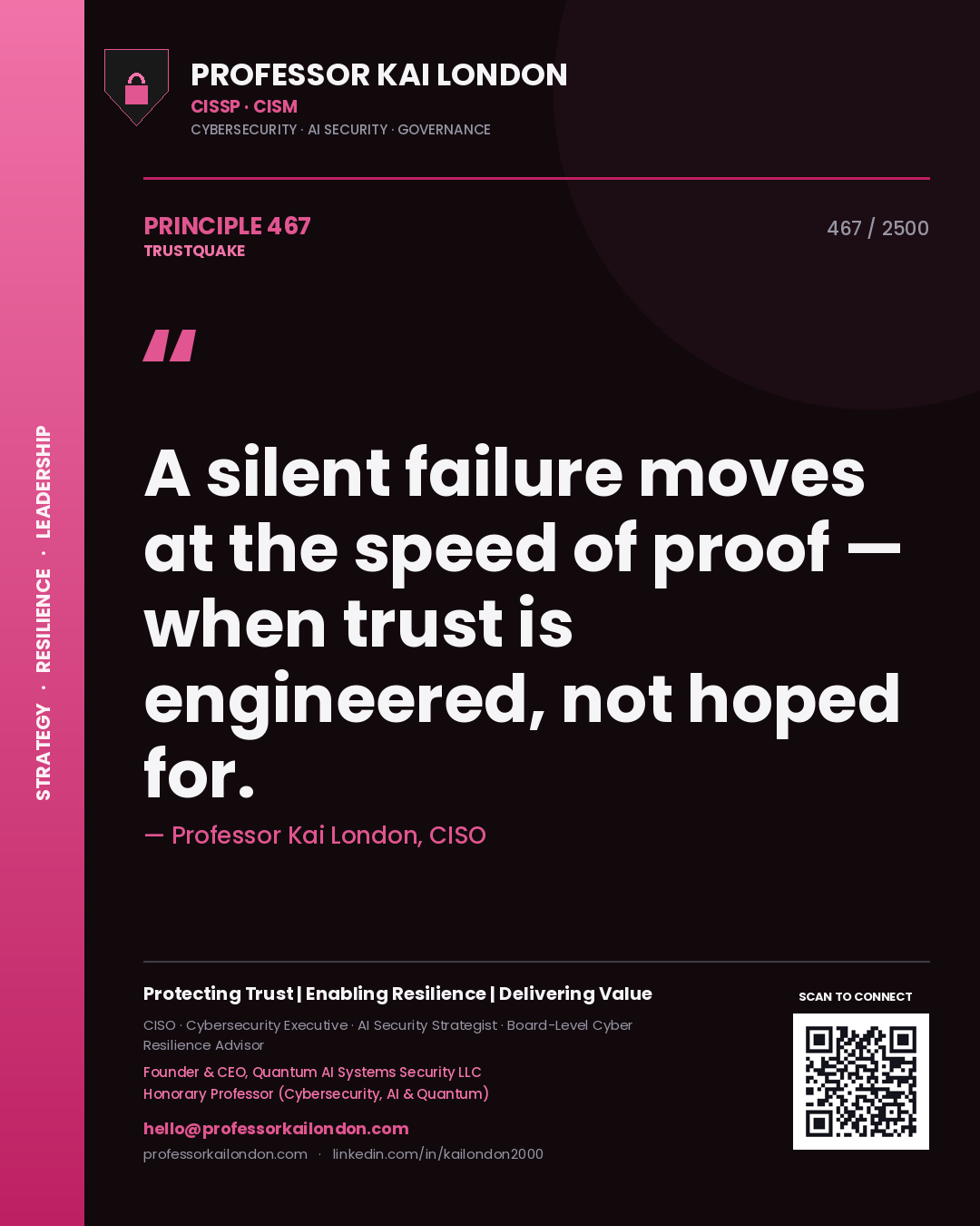 Quote card by Professor Kai London reading 'A silent failure moves at the speed of proof — when trust is engineered, not hoped for.'. From the book Trustquake.