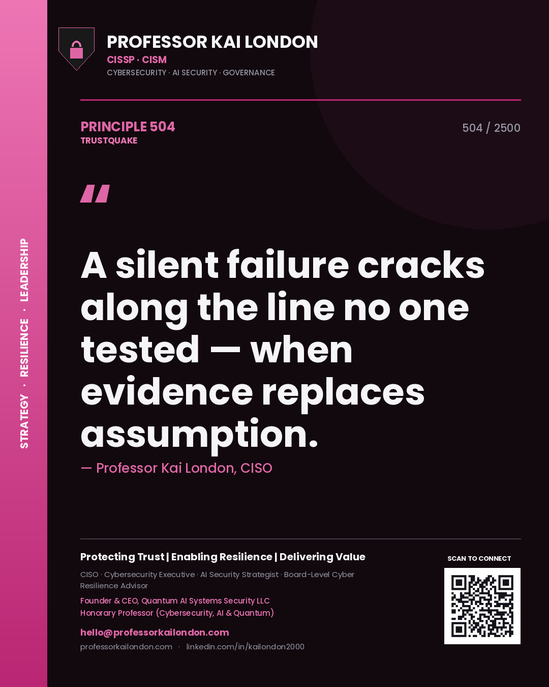 Quote card by Professor Kai London reading 'A silent failure cracks along the line no one tested — when evidence replaces assumption.'. From the book Trustquake.