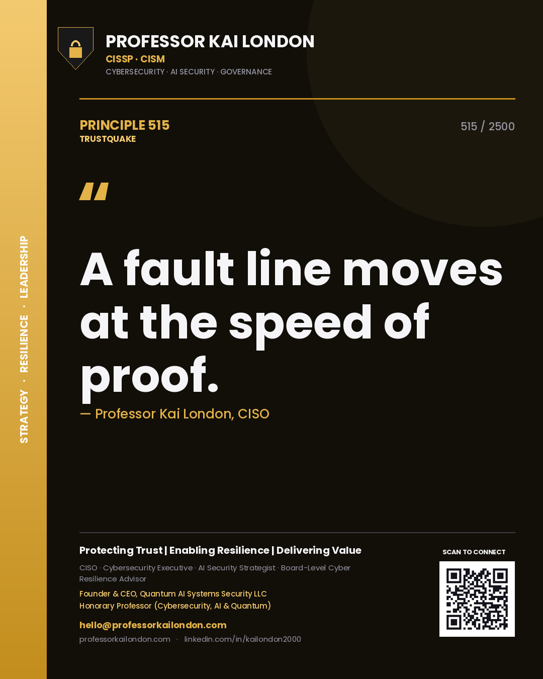 Quote card by Professor Kai London reading 'A fault line moves at the speed of proof.'. From the book Trustquake.