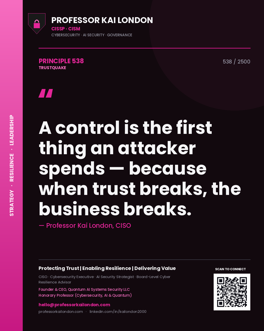 Quote card by Professor Kai London reading 'A control is the first thing an attacker spends — because when trust breaks, the business breaks.'. From the book Trustquake.