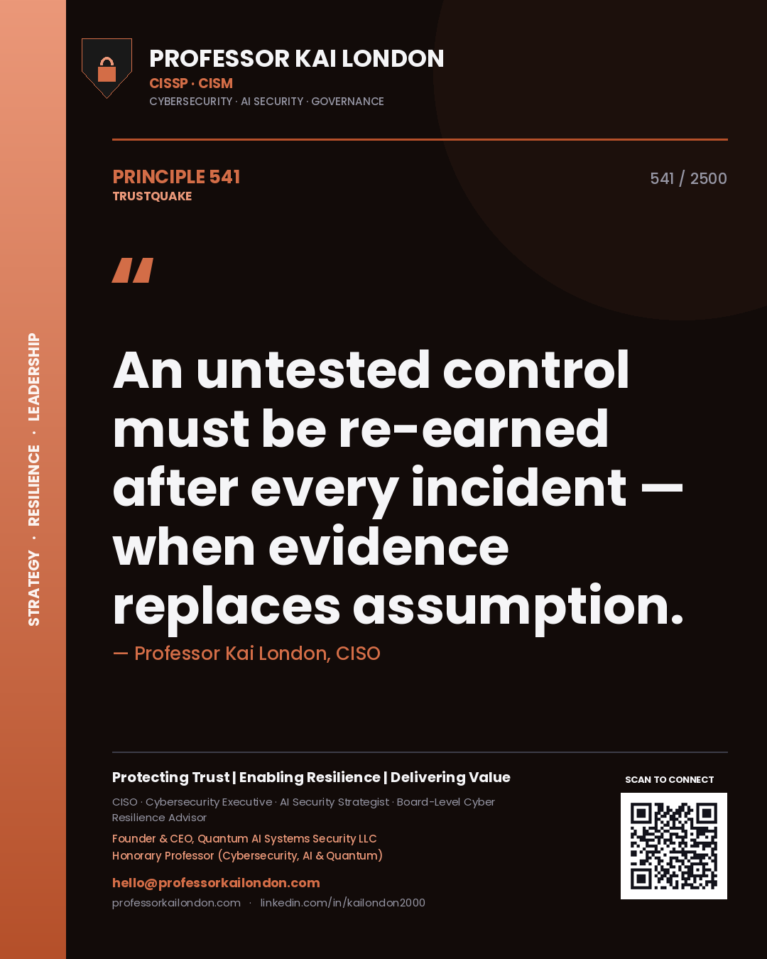 Professor Kai London principle 541: An untested control must be re-earned after every incident — when evidence replaces assumption.